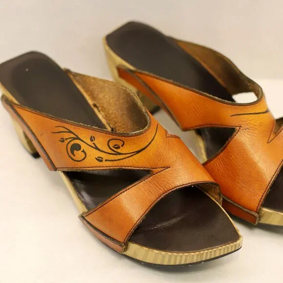 Vintage John Fluevog Orange Leather Wooden Platform Heels Slide Sandals - Picture 2 of 4